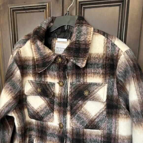 Modern Supply by Sanctuary Faux Wool Collared neckline Long Sleeve Plaid Shacket - Picture 3 of 14